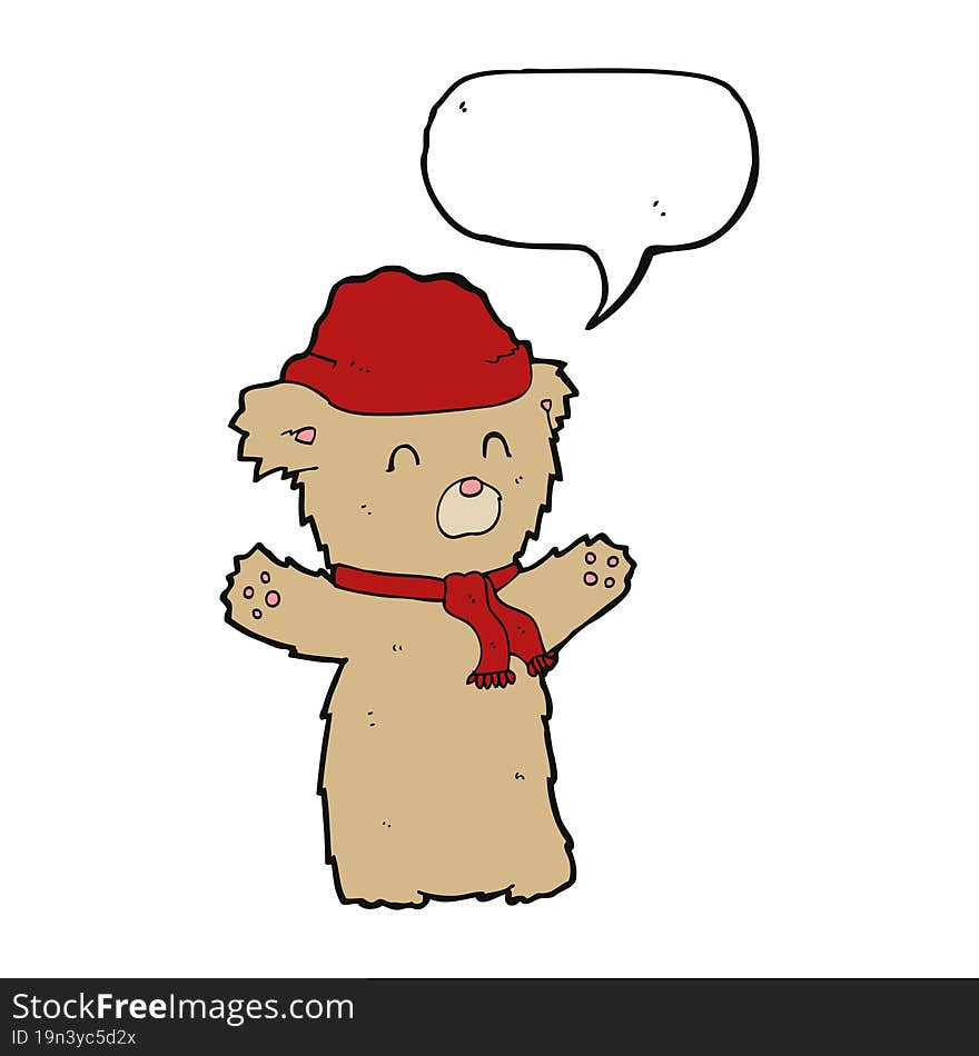 cartoon teddy bear in hat and scarf with speech bubble