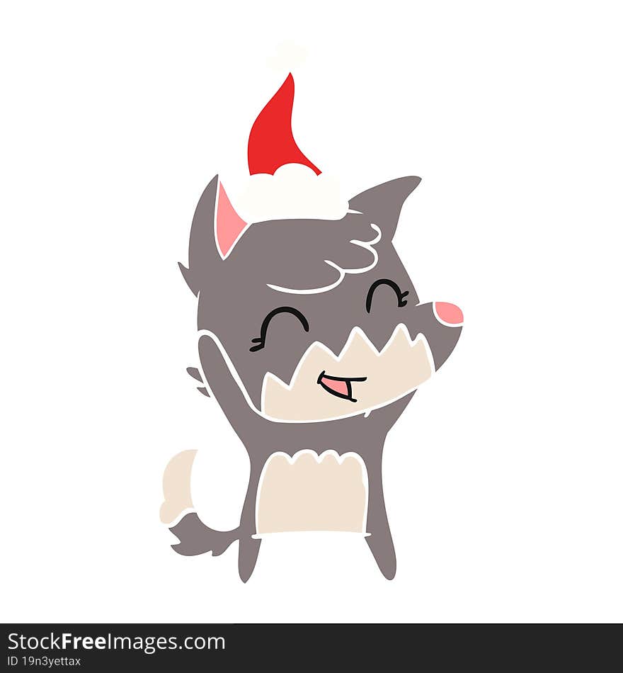 happy flat color illustration of a fox wearing santa hat