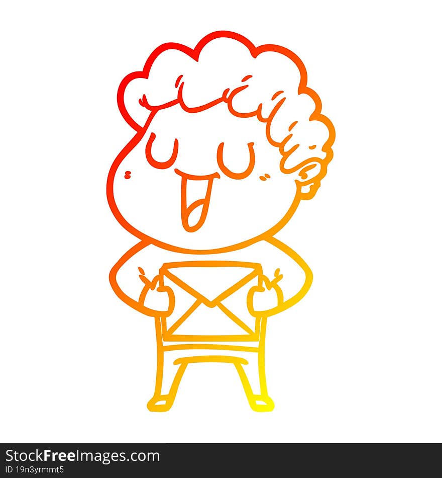 warm gradient line drawing of a laughing cartoon man with parcel