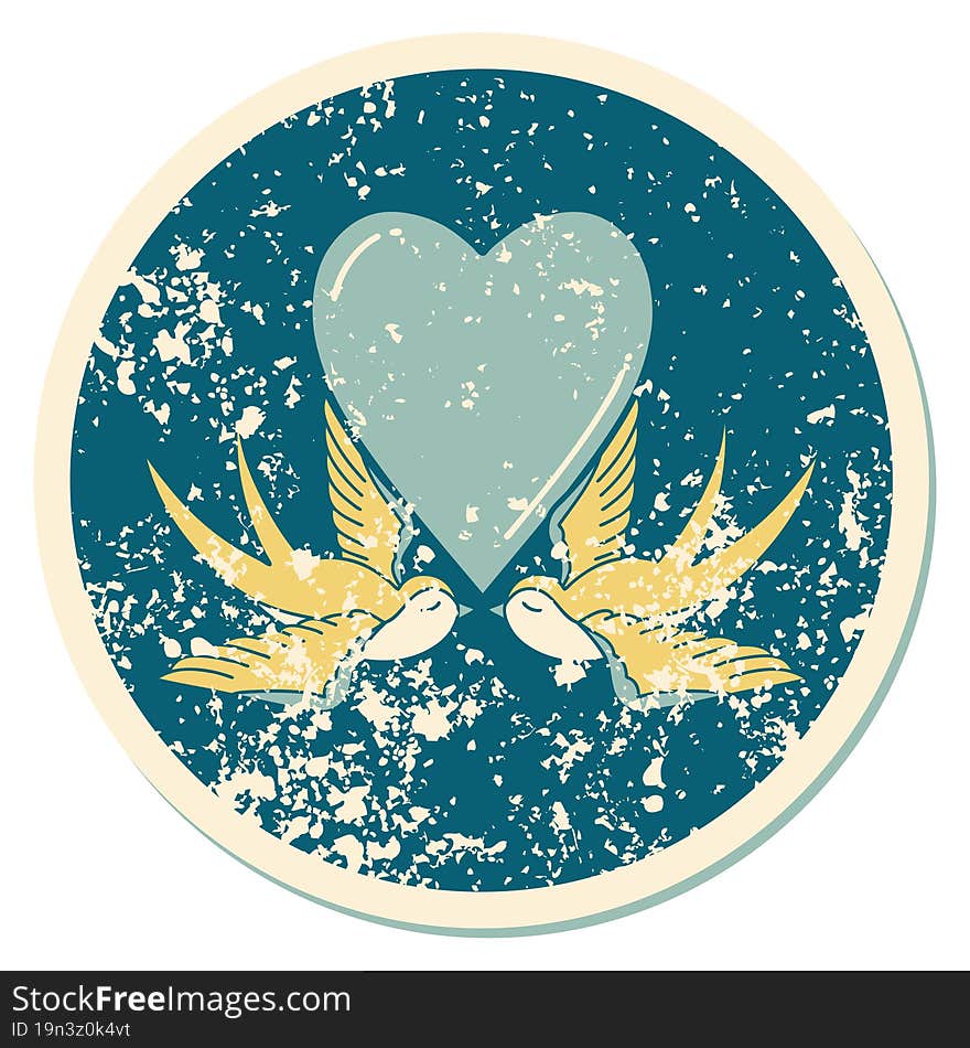 distressed sticker tattoo style icon of a swallows and a heart