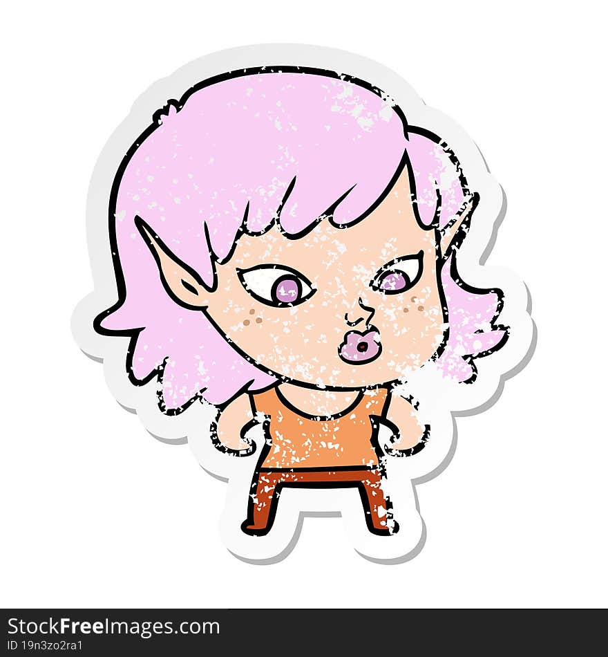 distressed sticker of a pretty cartoon elf girl