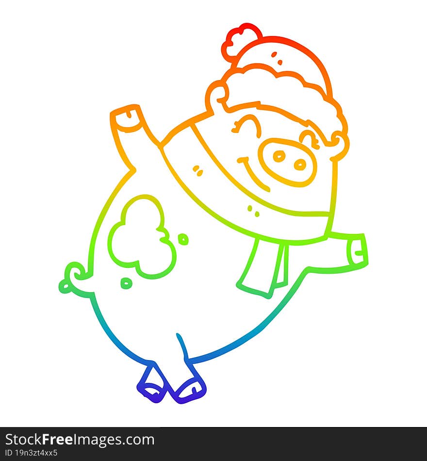 rainbow gradient line drawing cartoon pig wearing christmas hat