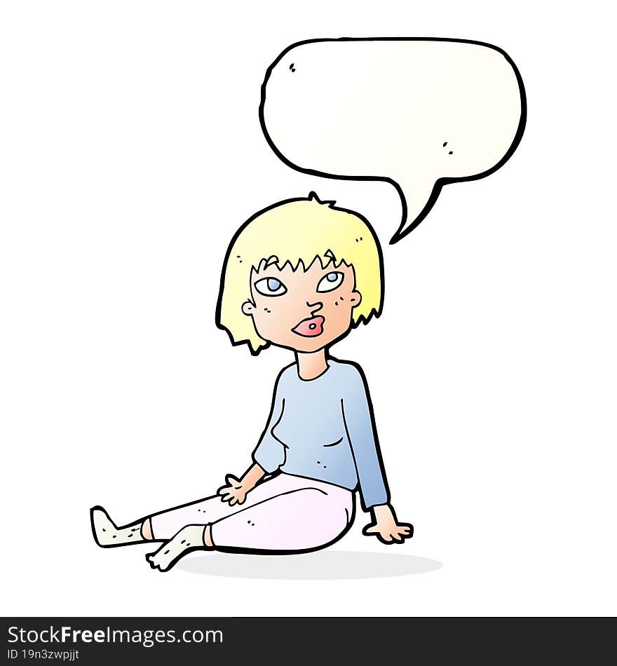 cartoon woman sitting on floor with speech bubble