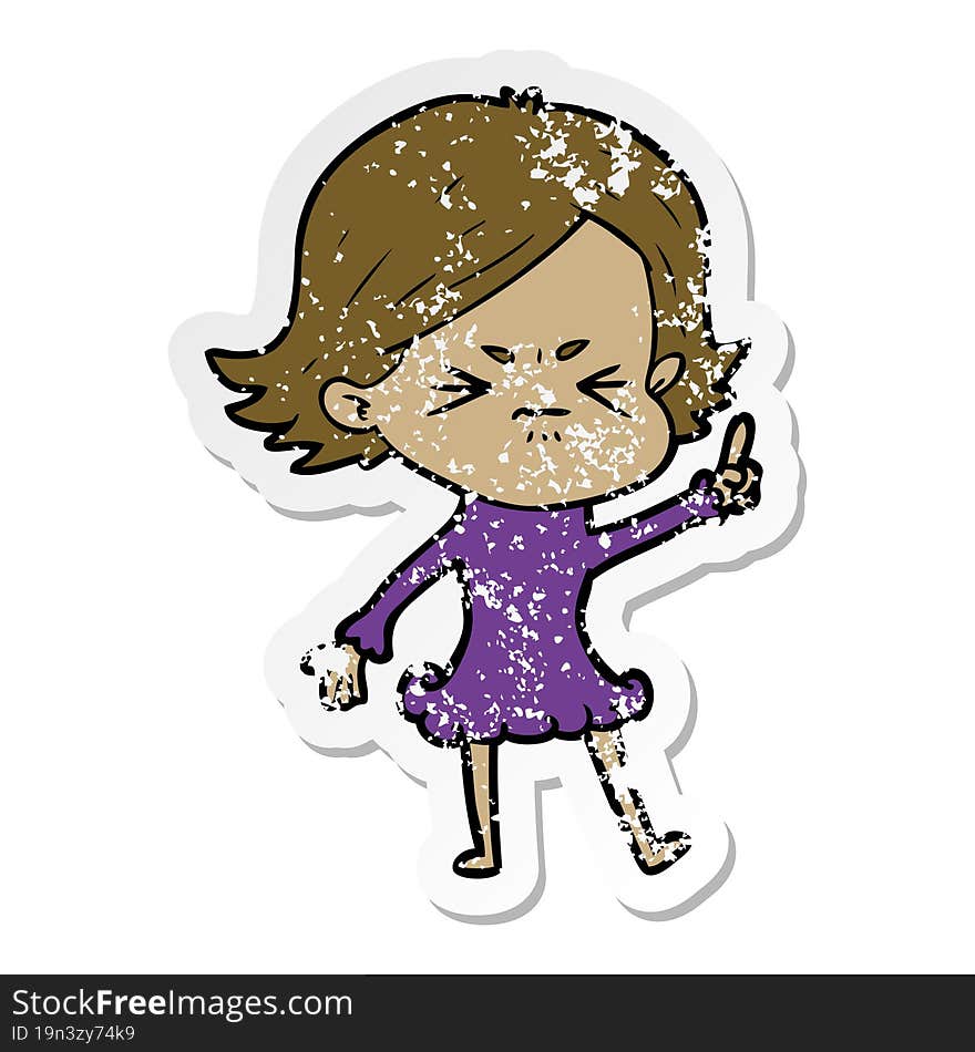 distressed sticker of a cartoon angry girl