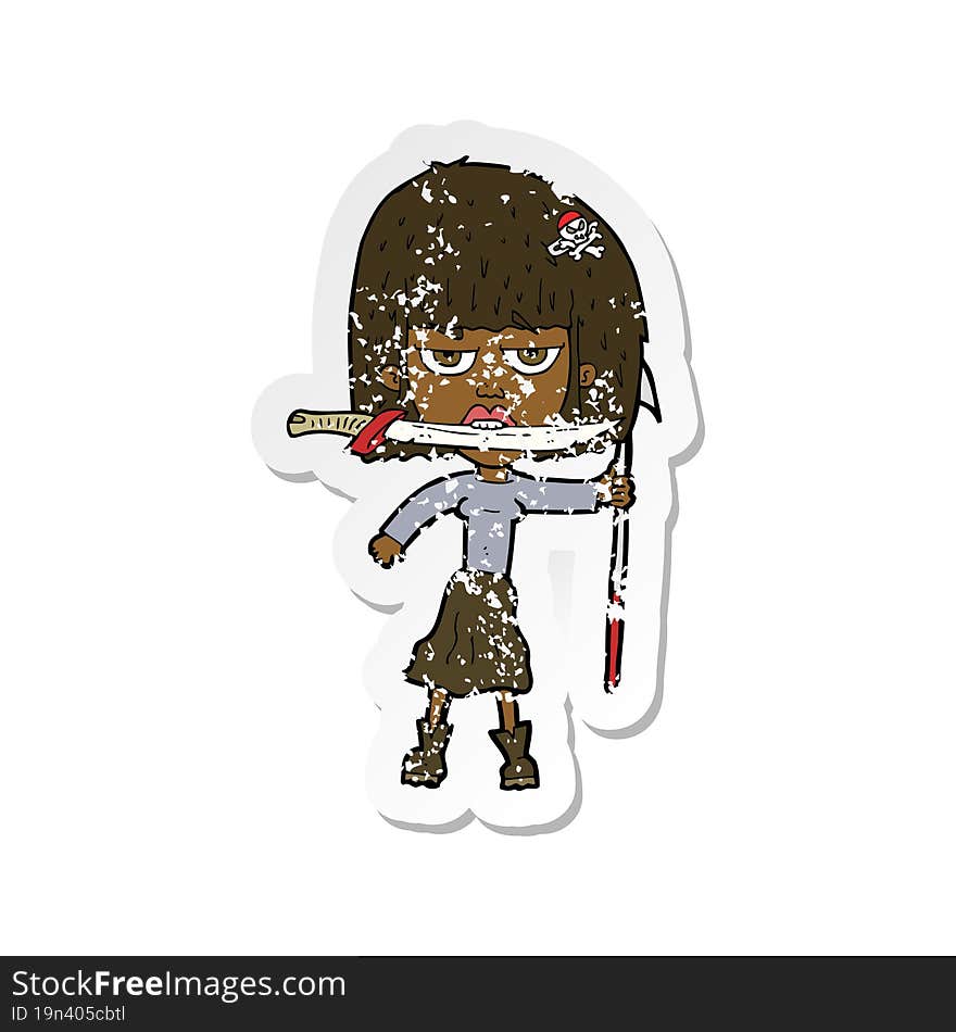 Retro Distressed Sticker Of A Cartoon Woman With Knife And Harpoon