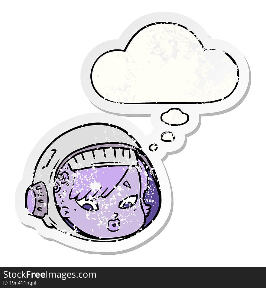 cartoon astronaut face and thought bubble as a distressed worn sticker