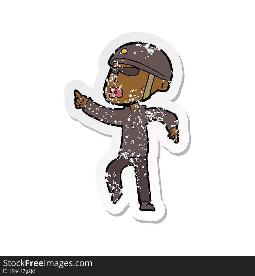 retro distressed sticker of a cartoon man in bike helmet pointing