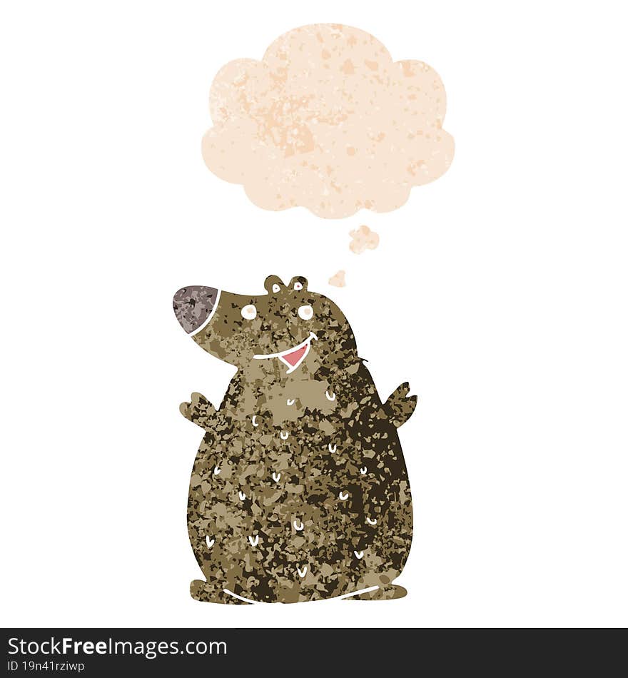 cartoon happy bear and thought bubble in retro textured style