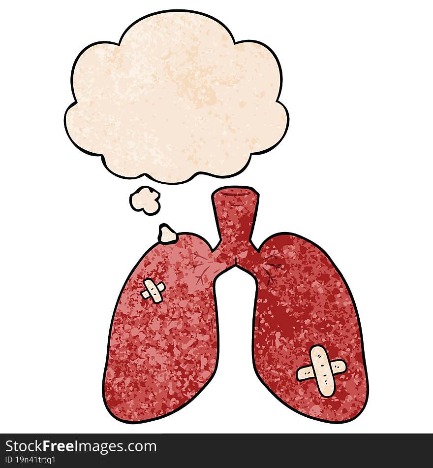 cartoon repaired lungs and thought bubble in grunge texture pattern style