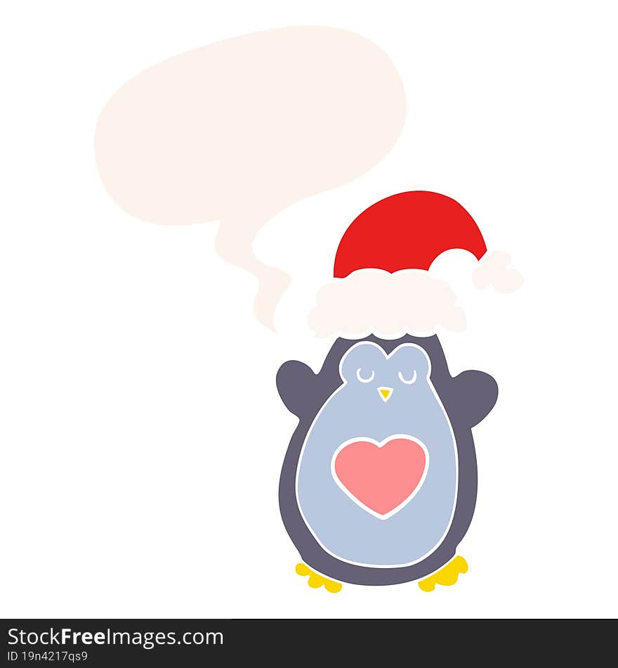 cute christmas penguin and speech bubble in retro style