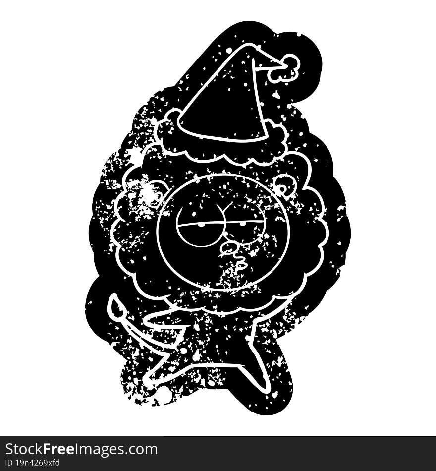 cartoon distressed icon of a bored lion wearing santa hat