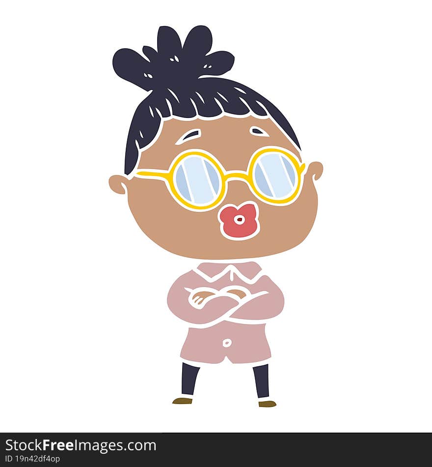 Flat Color Style Cartoon Woman Wearing Spectacles