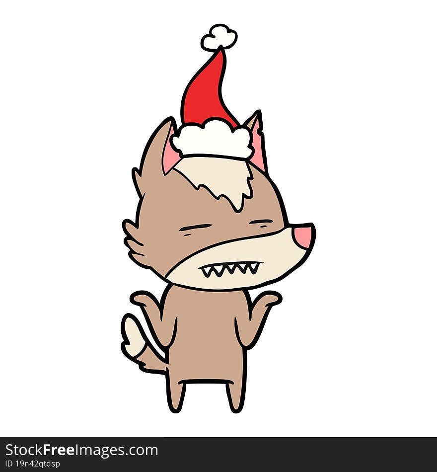 hand drawn line drawing of a wolf showing teeth wearing santa hat