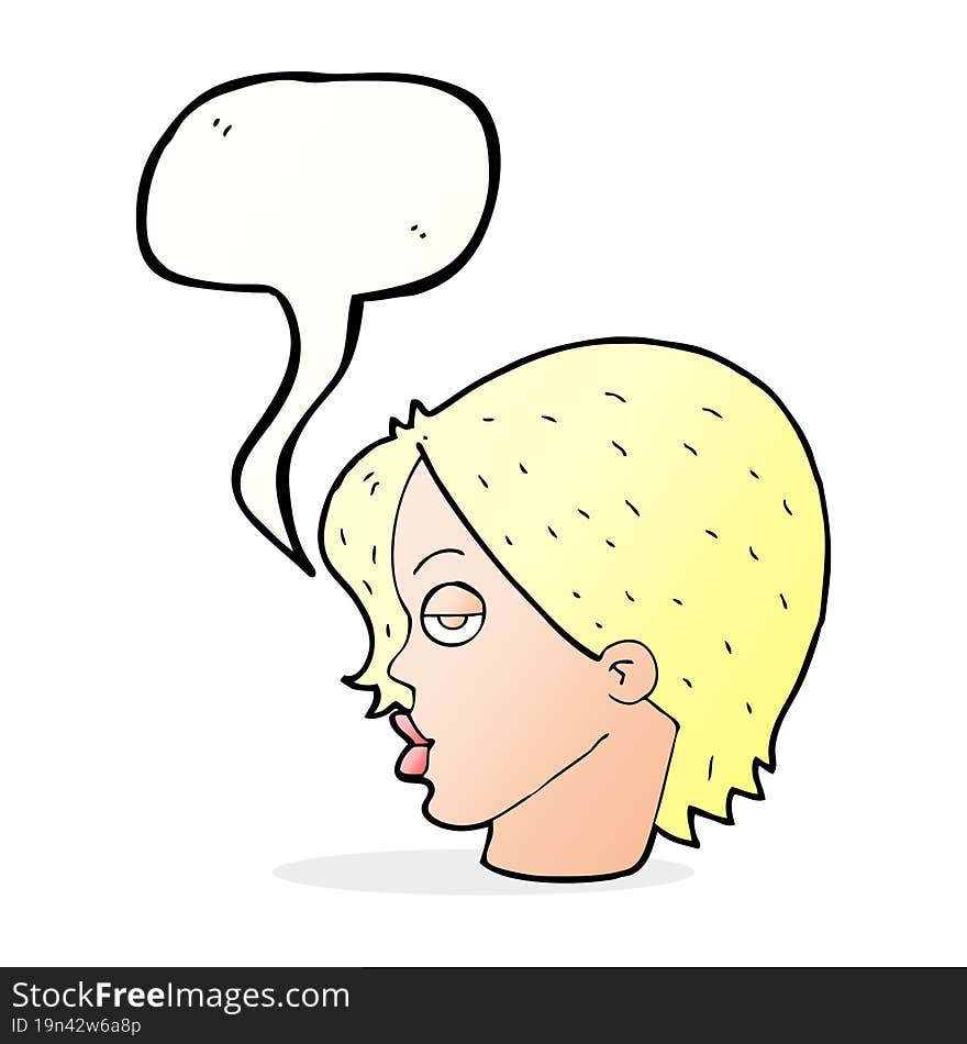 cartoon woman raising eyebrow with speech bubble