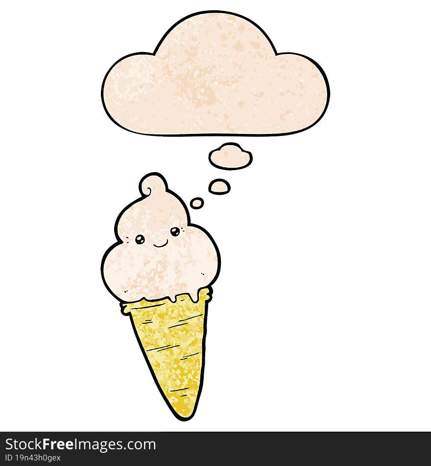 cartoon ice cream and thought bubble in grunge texture pattern style