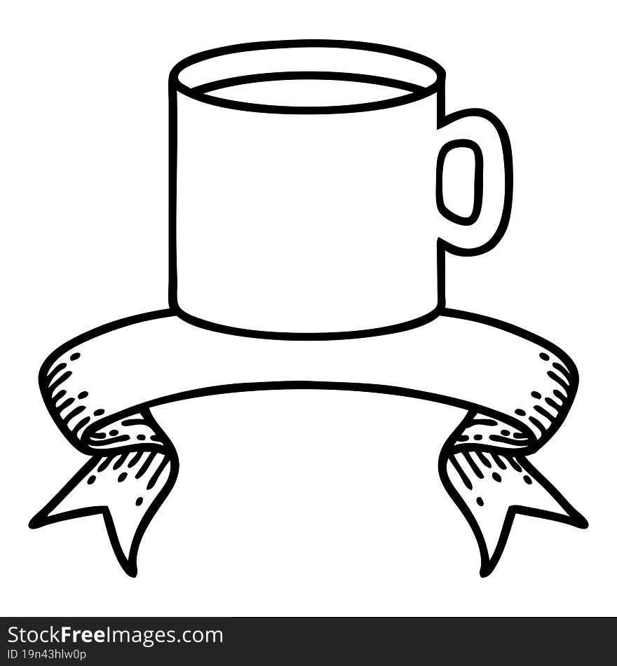 black linework tattoo with banner of cup of coffee