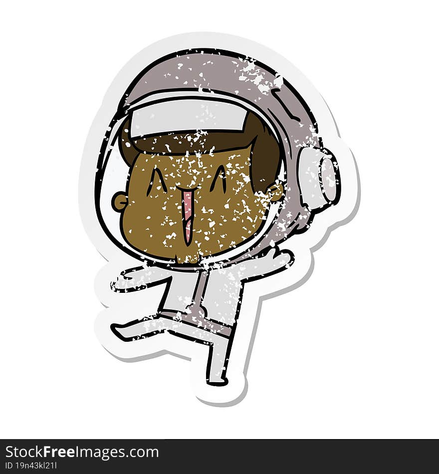 distressed sticker of a dancing cartoon astronaut