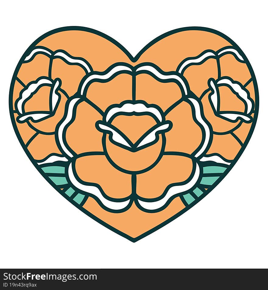 iconic tattoo style image of a heart and flowers. iconic tattoo style image of a heart and flowers