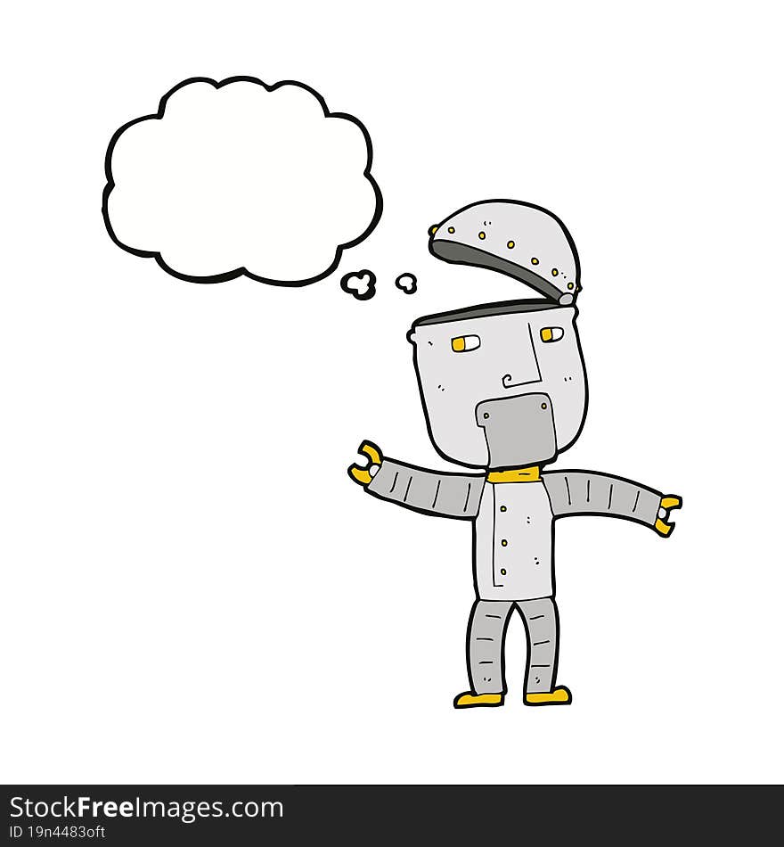 cartoon funny robot with thought bubble