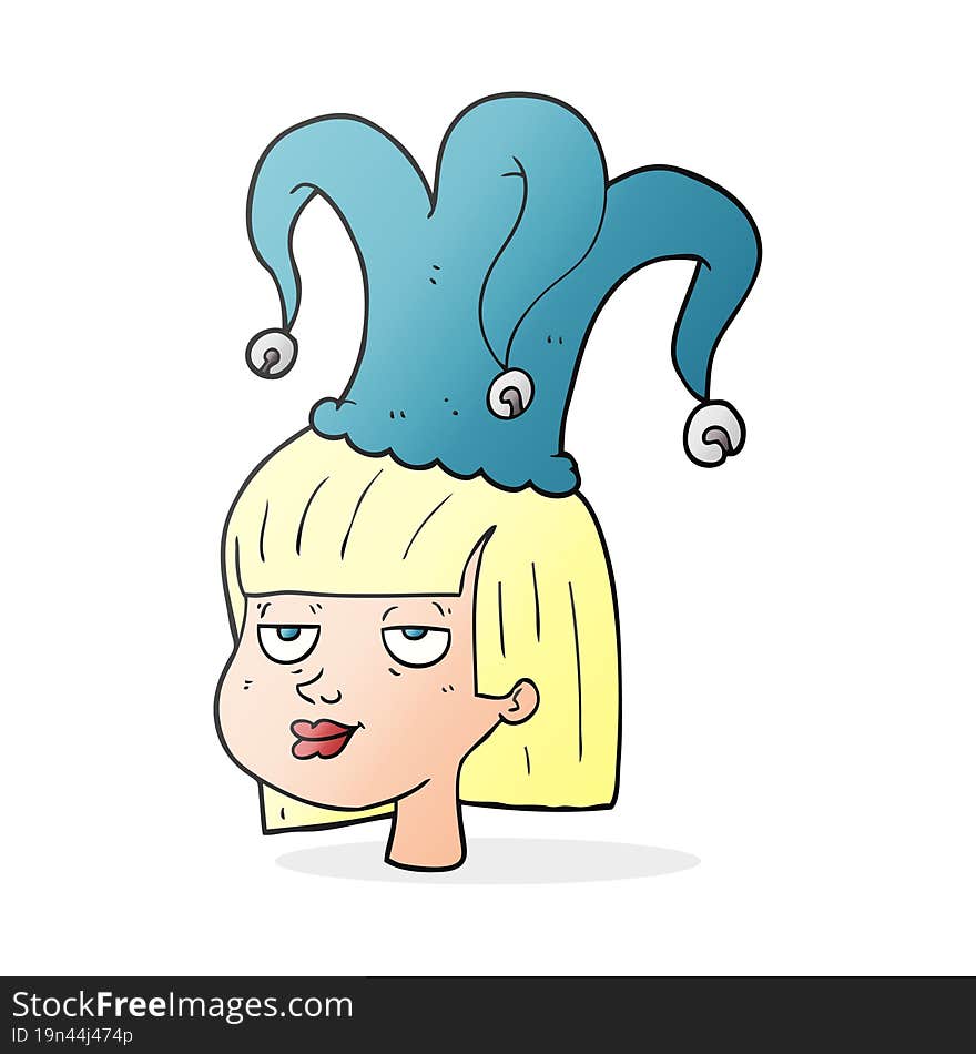 freehand drawn cartoon female face with jester hat. freehand drawn cartoon female face with jester hat