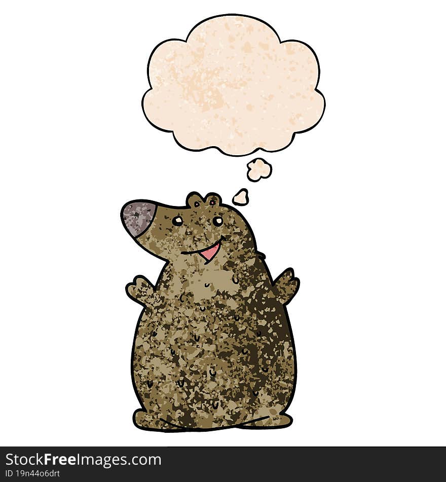 cartoon happy bear and thought bubble in grunge texture pattern style