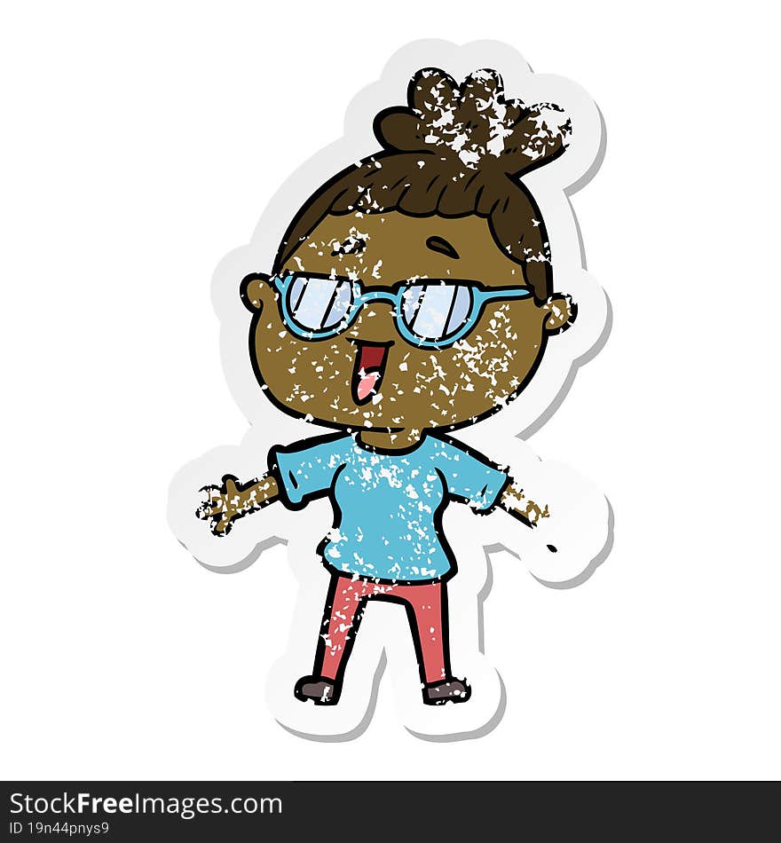 distressed sticker of a cartoon happy woman wearing spectacles