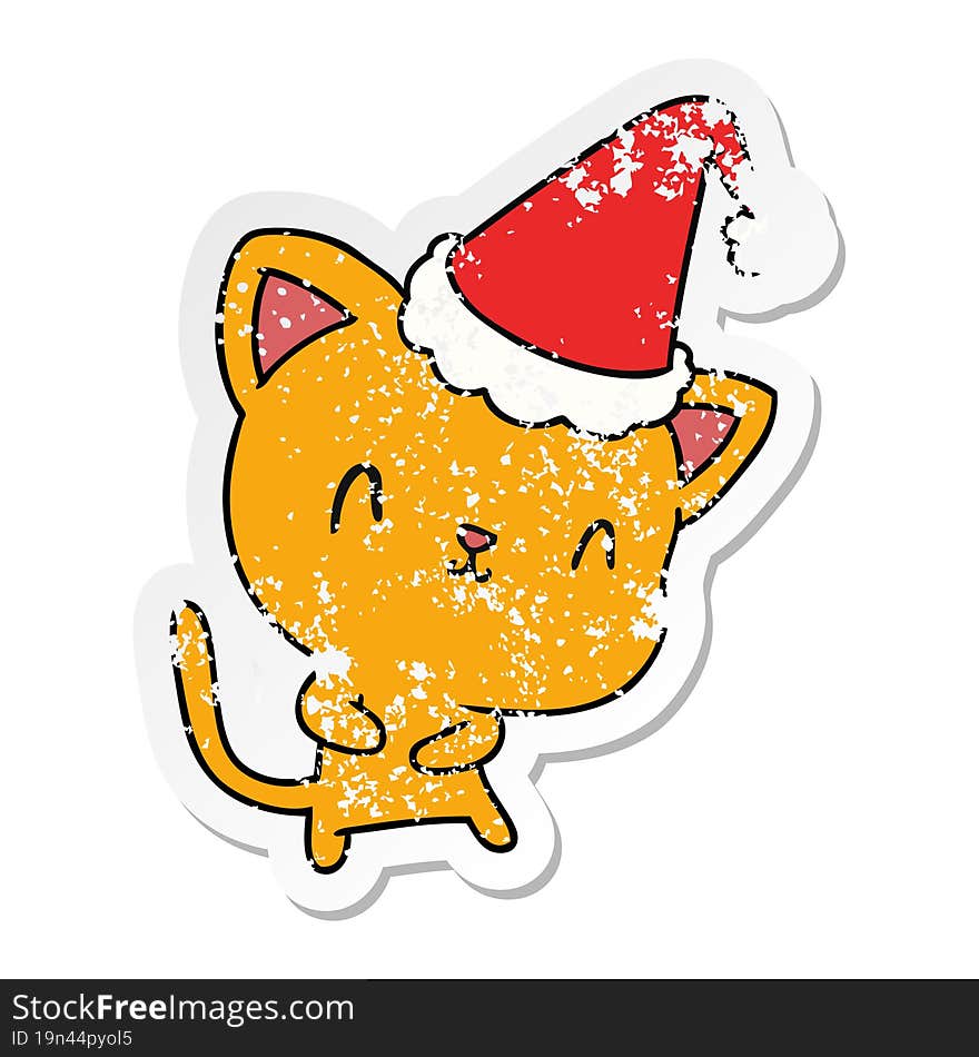 hand drawn christmas distressed sticker cartoon of kawaii cat