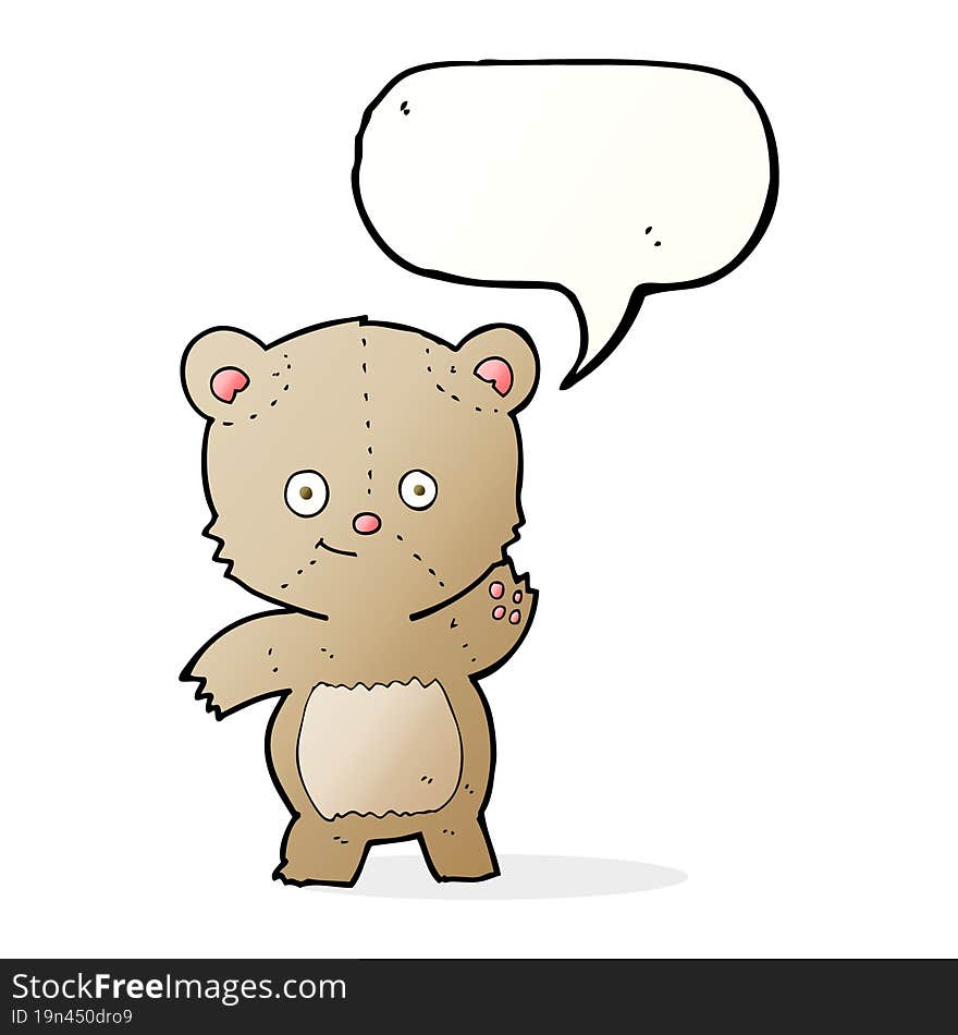 cartoon waving teddy bear with speech bubble