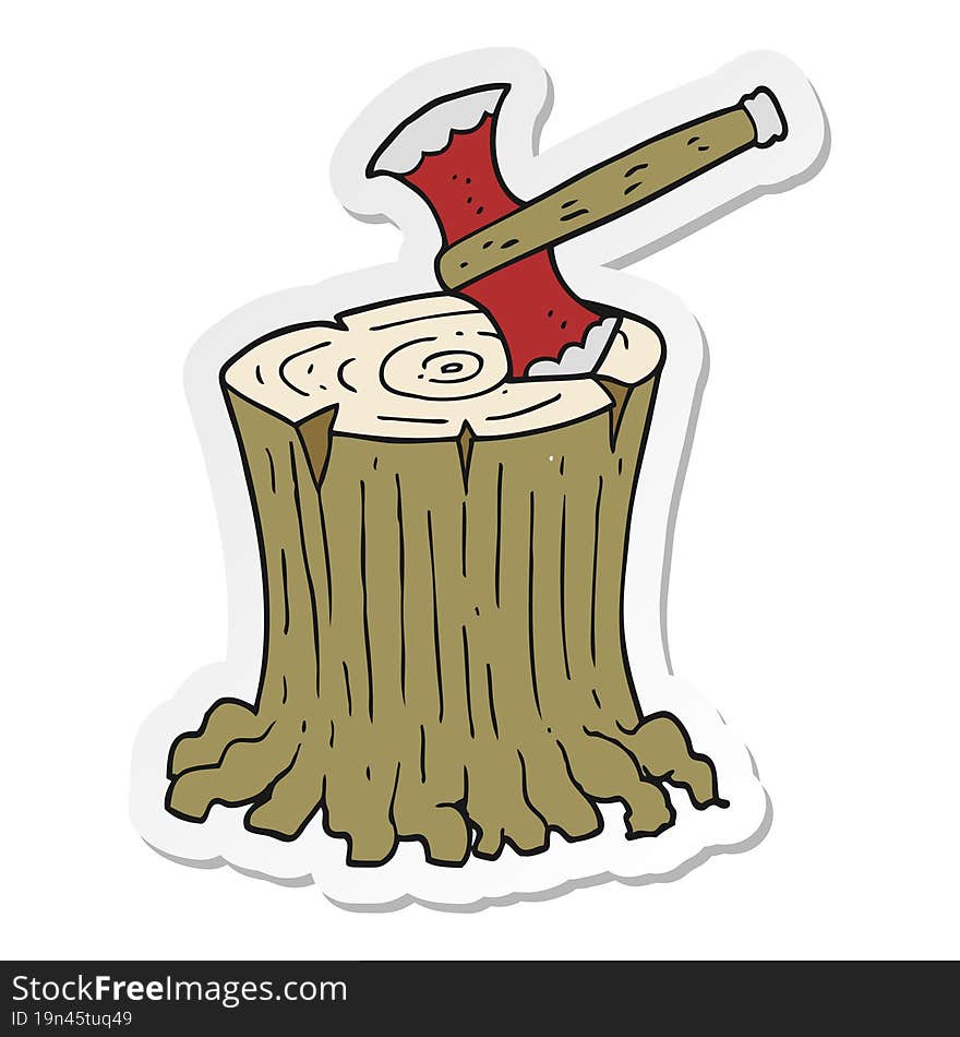 sticker of a cartoon axe in tree stump