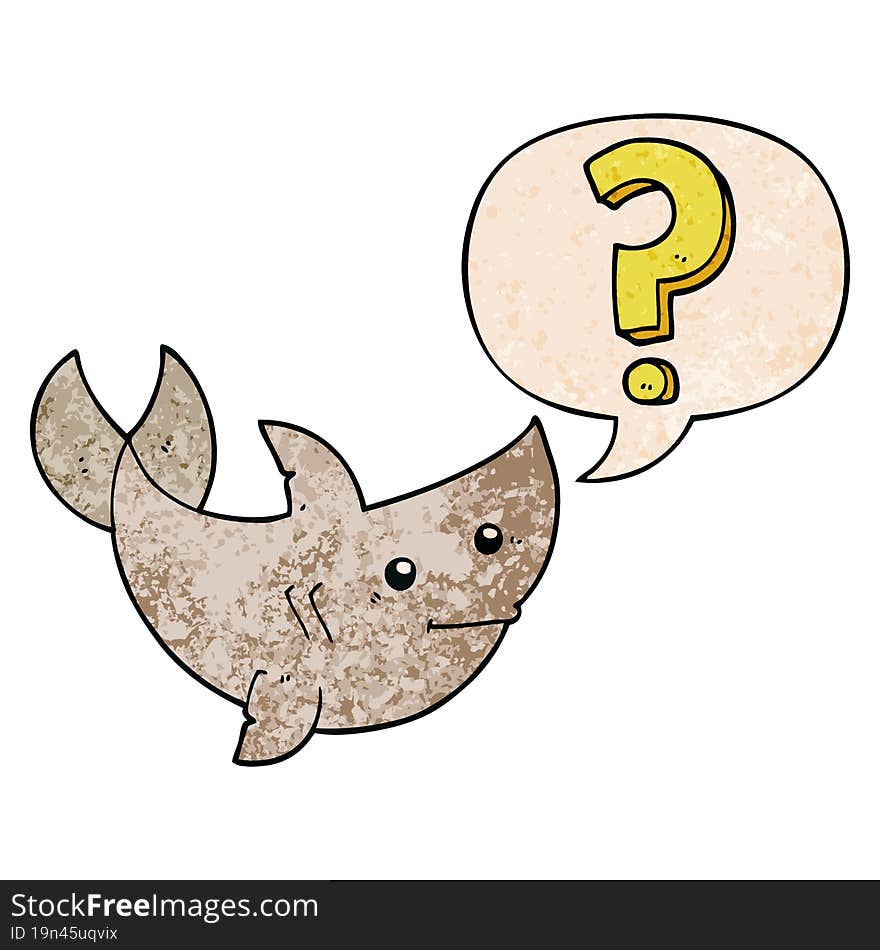 cartoon shark asking question and speech bubble in retro texture style