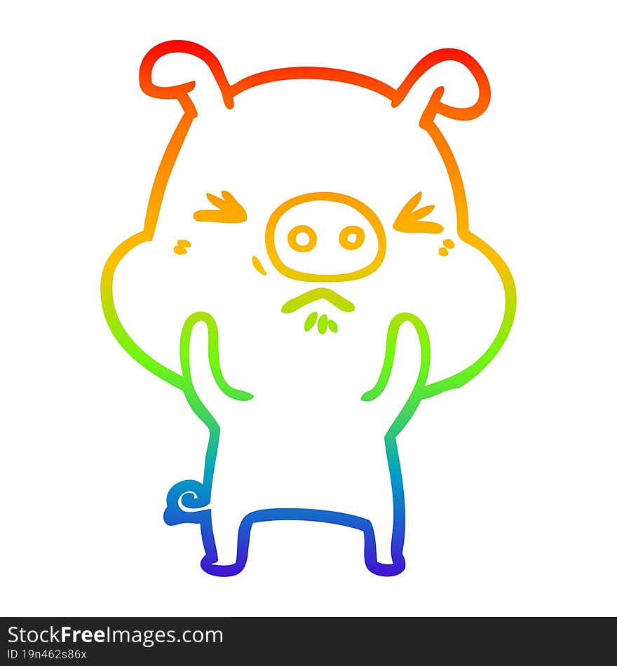 rainbow gradient line drawing of a cartoon angry pig