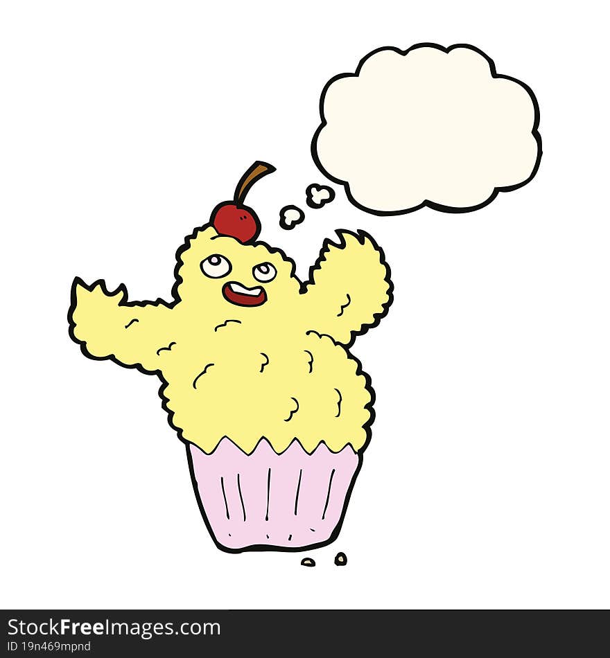 cartoon cupcake monster with thought bubble