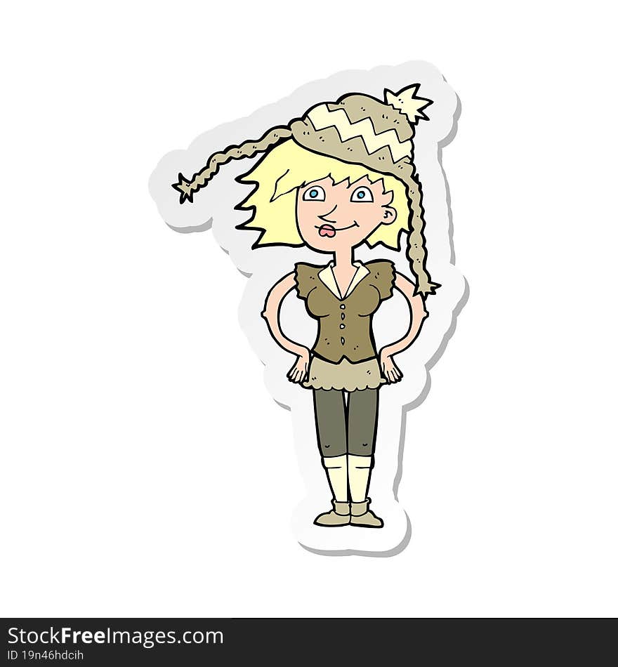 Sticker Of A Cartoon Woman Wearing Winter Hat