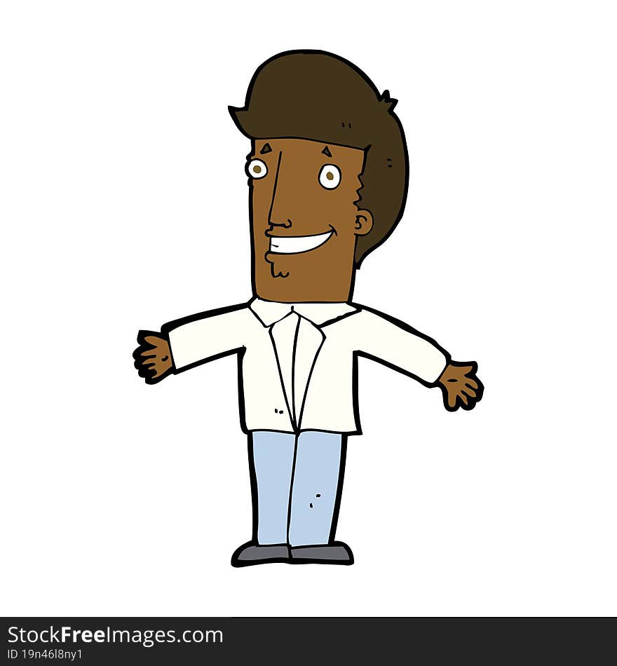 cartoon grining man with open arms