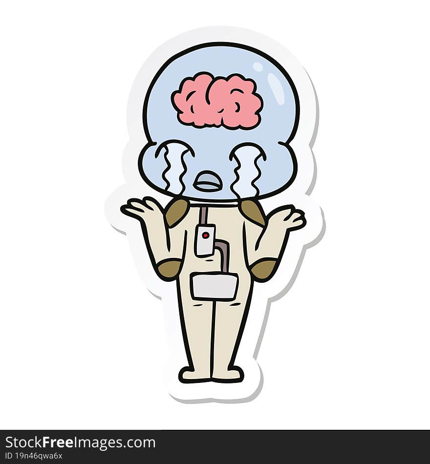 sticker of a cartoon big brain alien crying