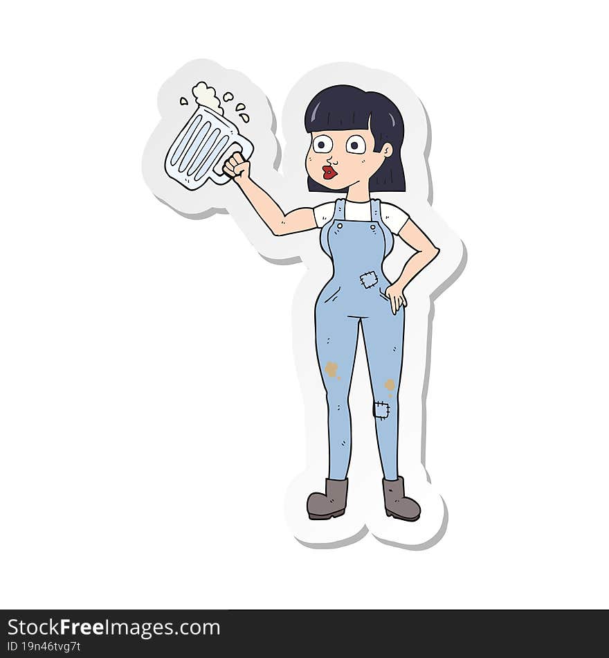 Sticker Of A Cartoon Woman With Beer