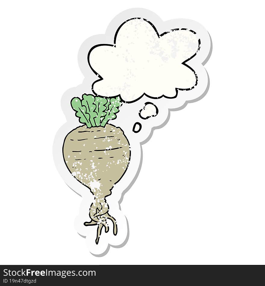 cartoon root vegetable with thought bubble as a distressed worn sticker