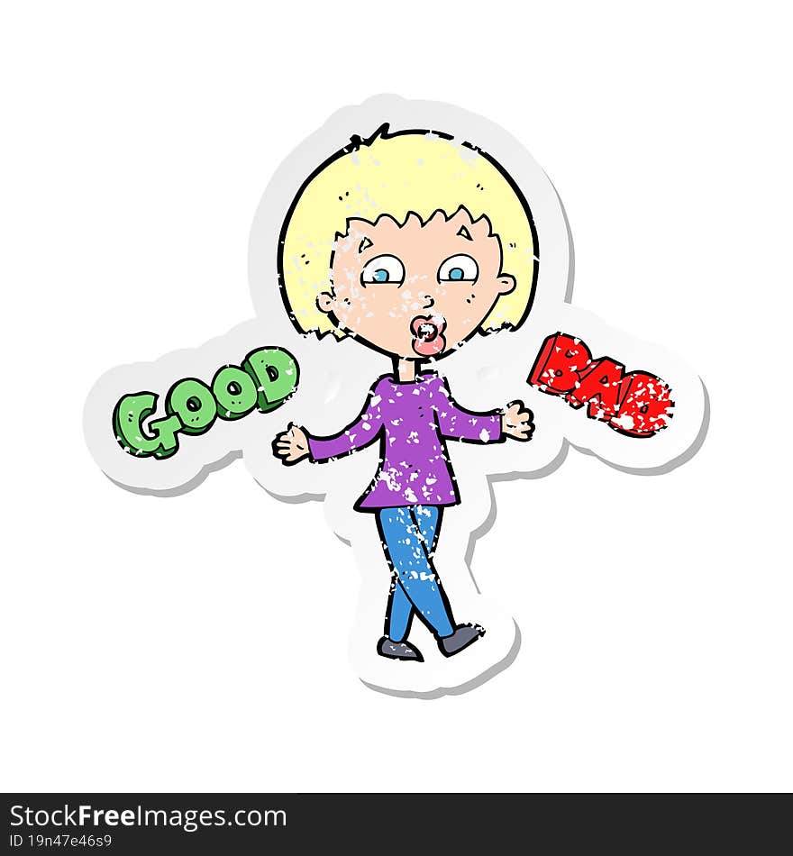 retro distressed sticker of a cartoon woman weighing up options