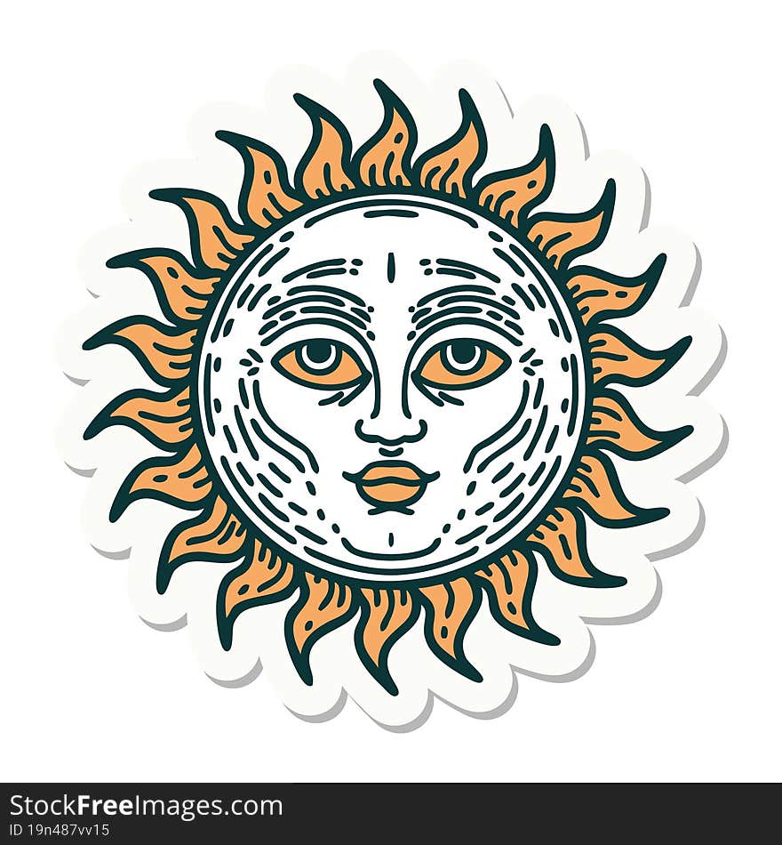 sticker of tattoo in traditional style of a sun with face. sticker of tattoo in traditional style of a sun with face