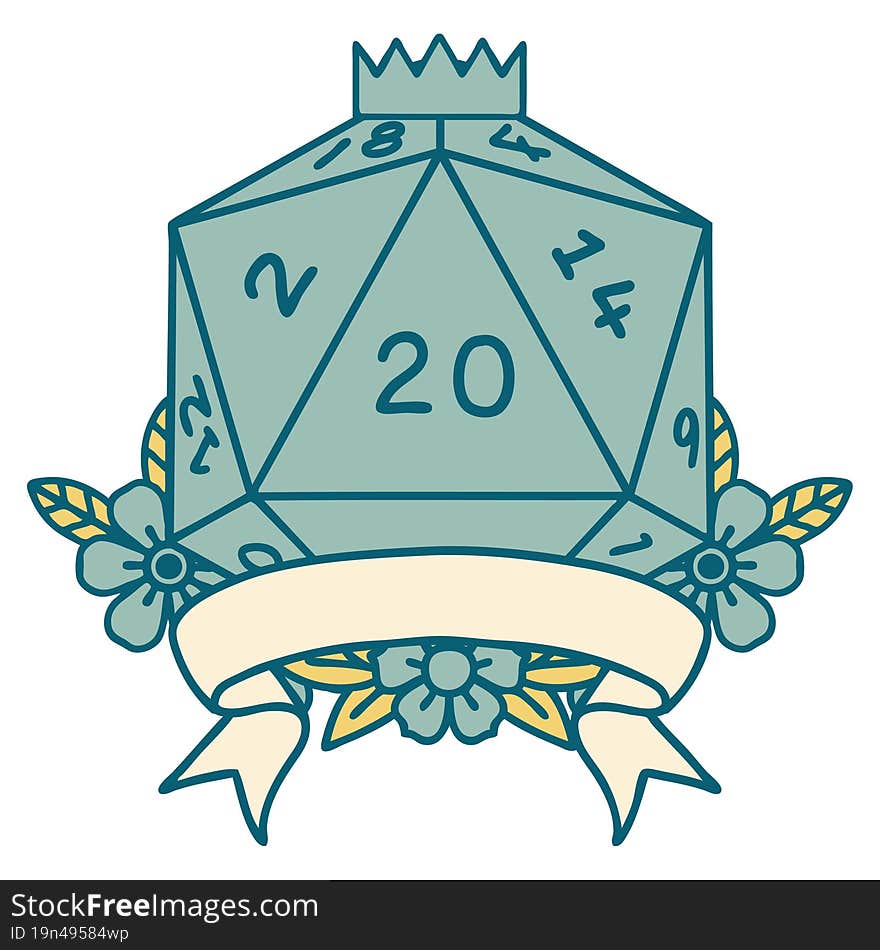 Retro Tattoo Style natural 20 critical hit D20 dice roll. Retro Tattoo Style natural 20 critical hit D20 dice roll