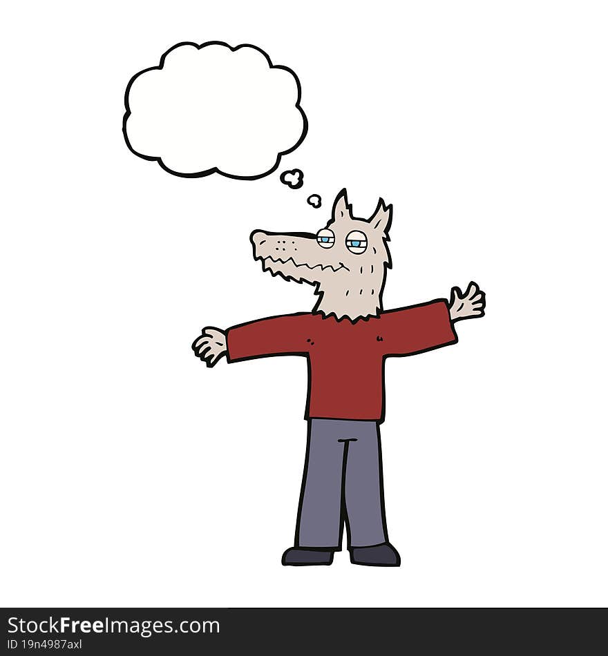 Cartoon Happy Wolf Man With Thought Bubble