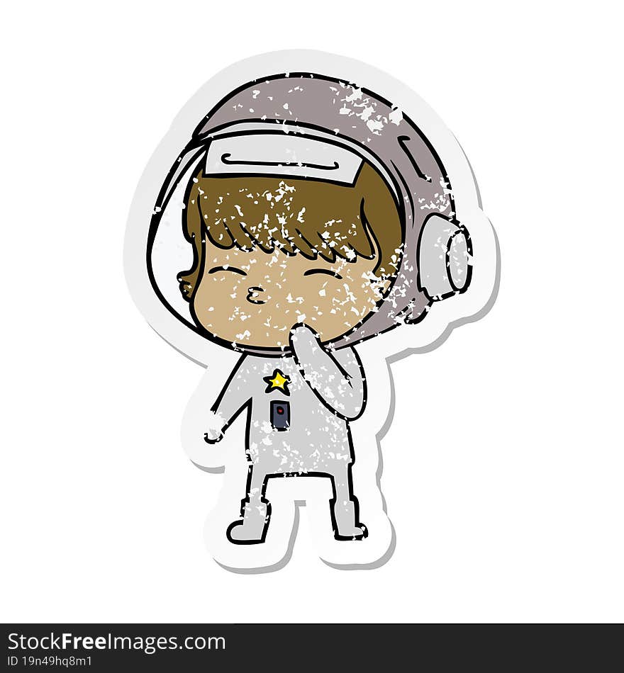 distressed sticker of a cartoon curious astronaut