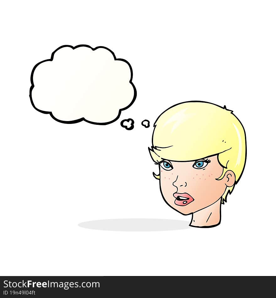 cartoon pretty female face with thought bubble