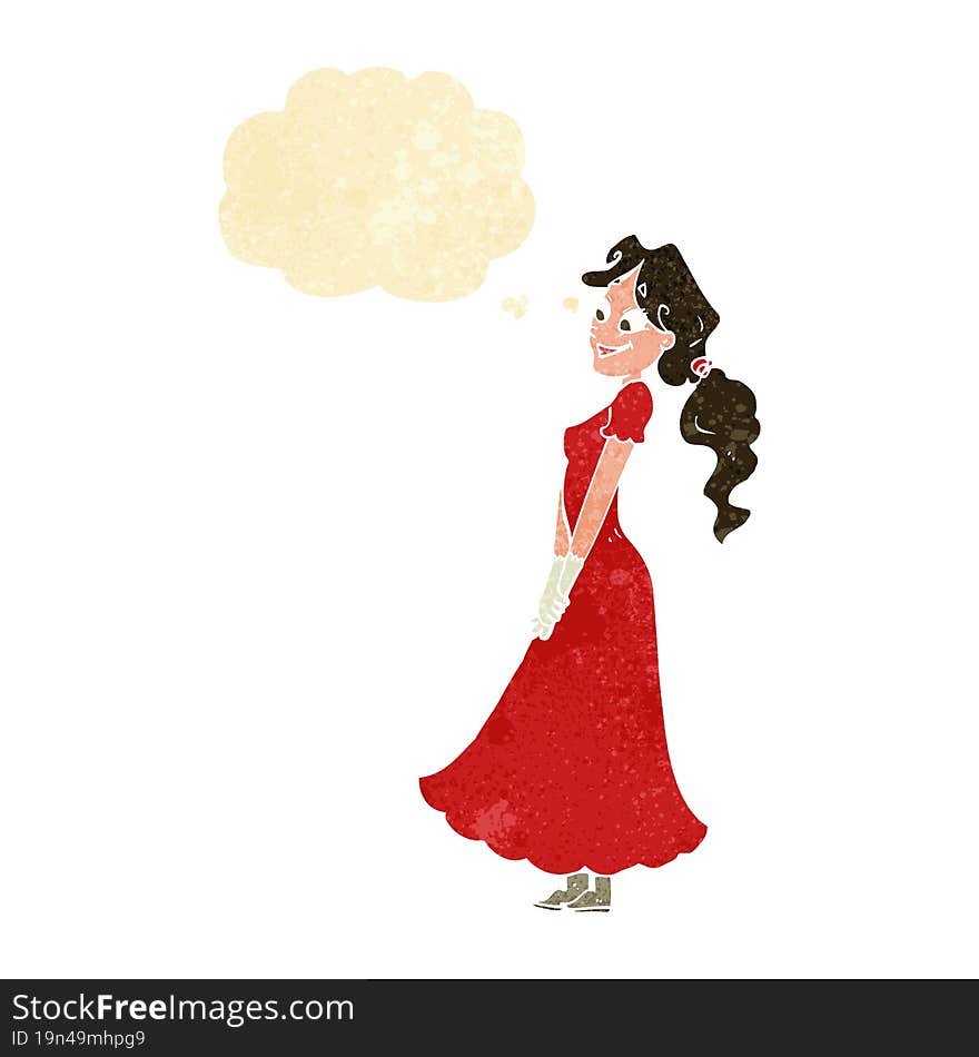 cartoon pretty woman in dress with thought bubble