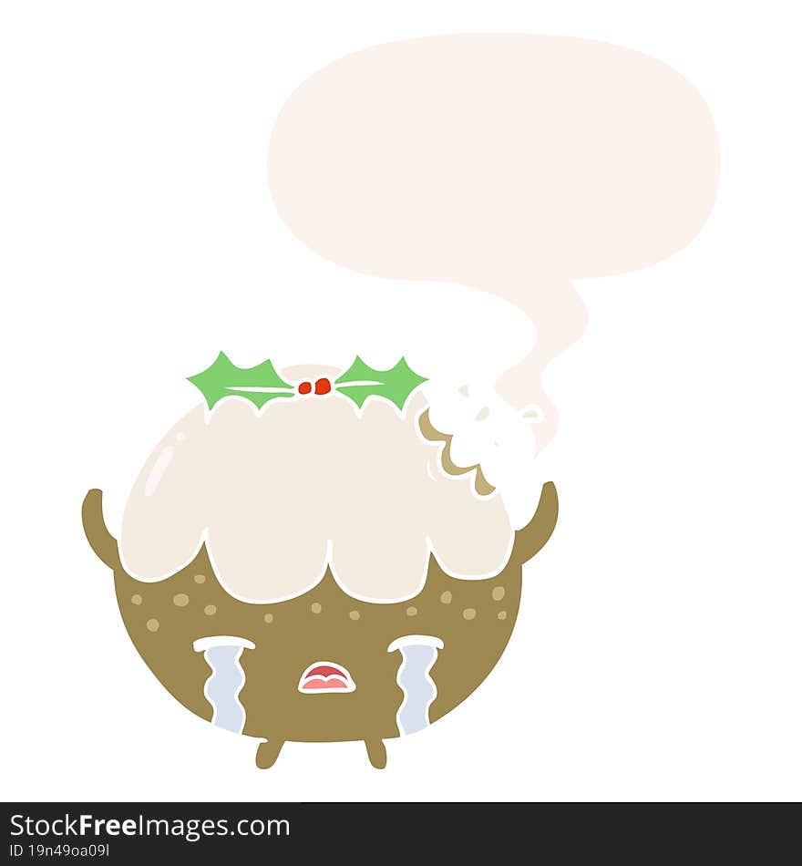 cartoon christmas pudding crying and speech bubble in retro style