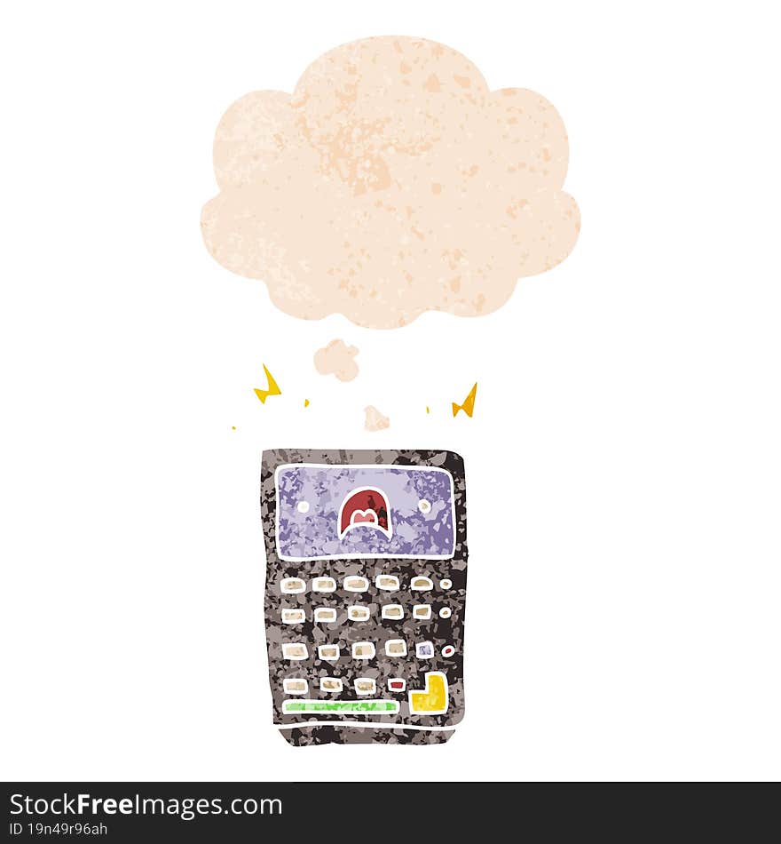 cartoon calculator and thought bubble in retro textured style