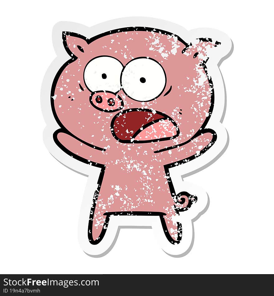 distressed sticker of a cartoon pig shouting