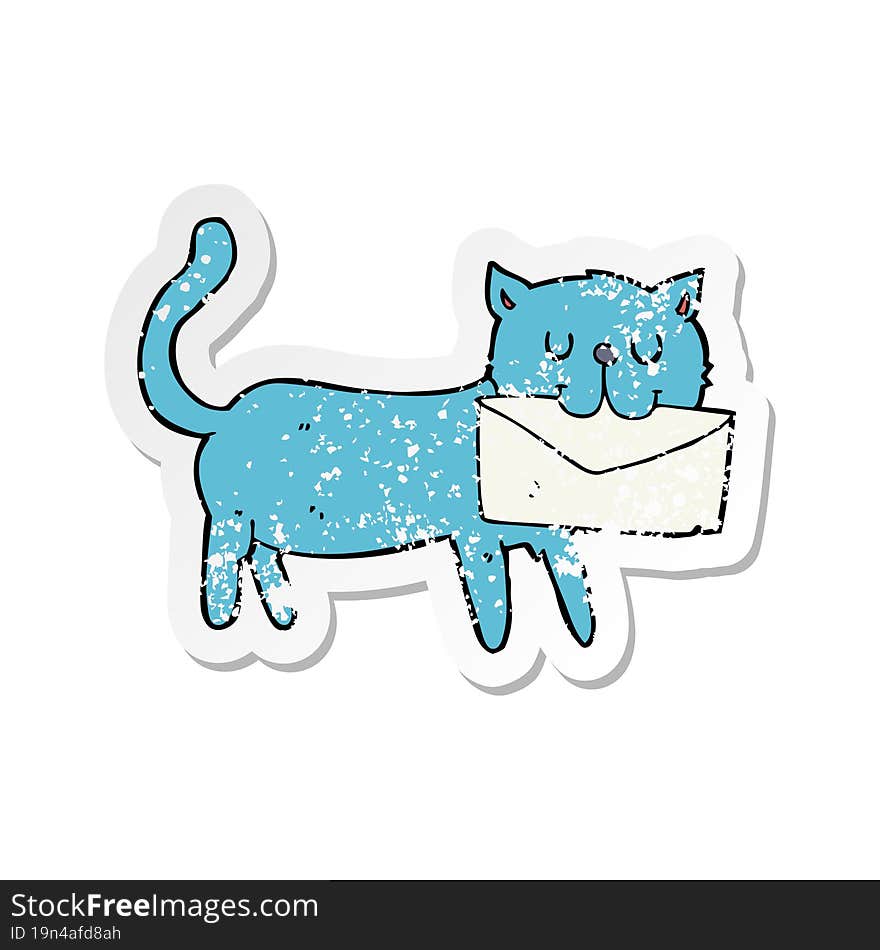 retro distressed sticker of a cartoon cat carrying letter