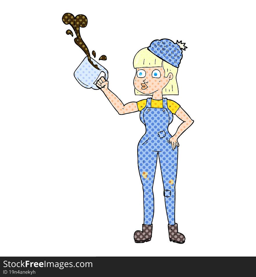 Comic Book Style Cartoon Female Worker With Coffee Mug