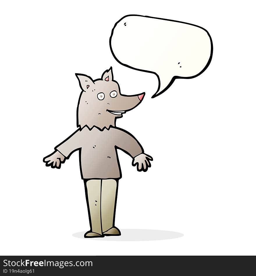 cartoon happy werewolf with speech bubble